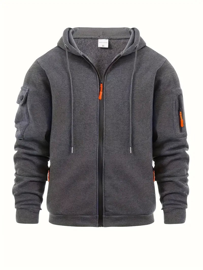 Full Zip Cargo Hoodie for Men - Drawstring Hood - Image 3