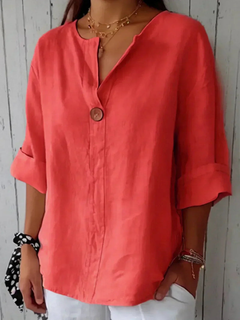 Button-Down Blouse for women - V-Neck Roll Sleeve - Oversized Relaxed Fit - Image 4
