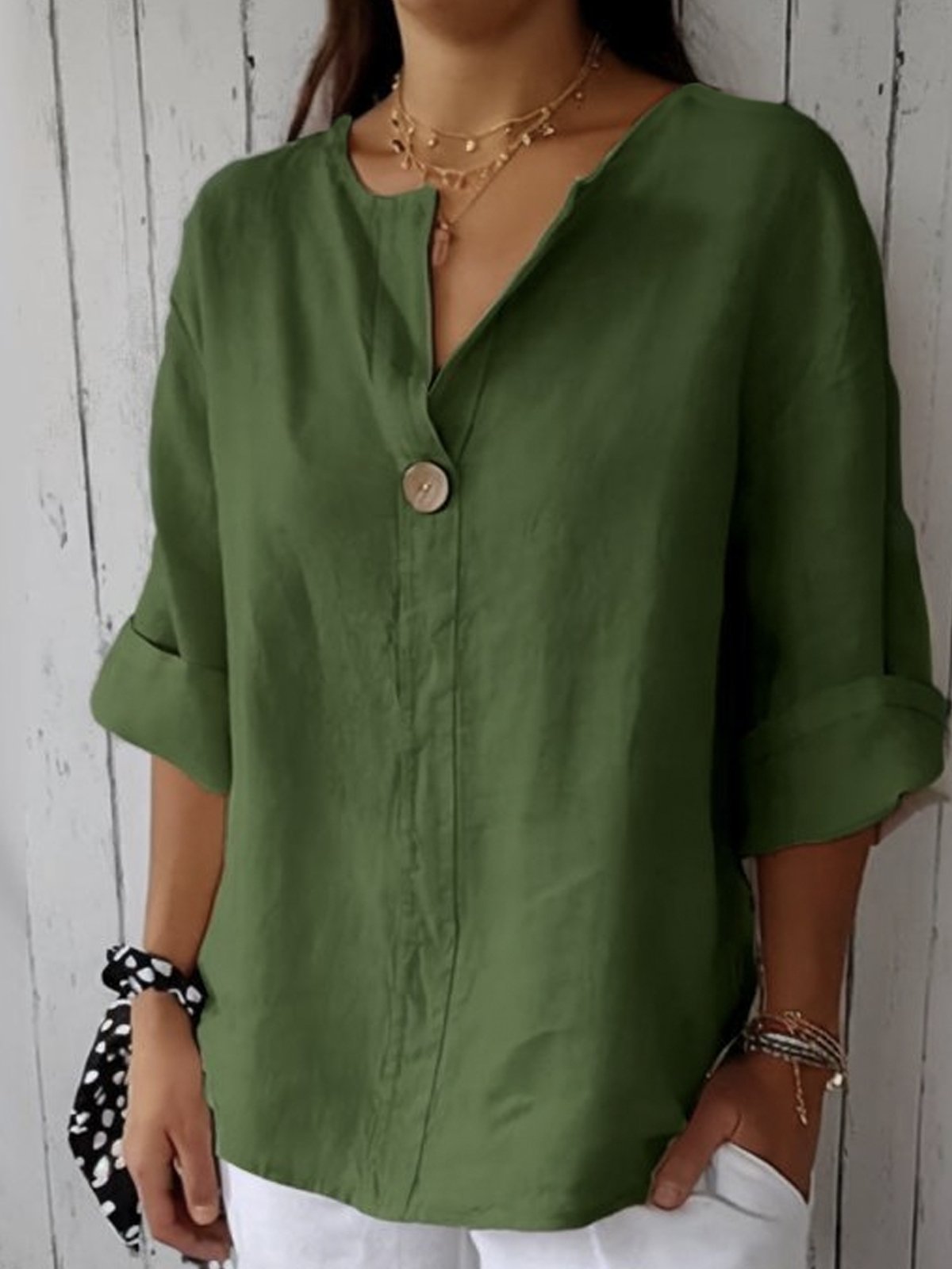Button-Down Blouse for women - V-Neck Roll Sleeve - Oversized Relaxed Fit - Image 6