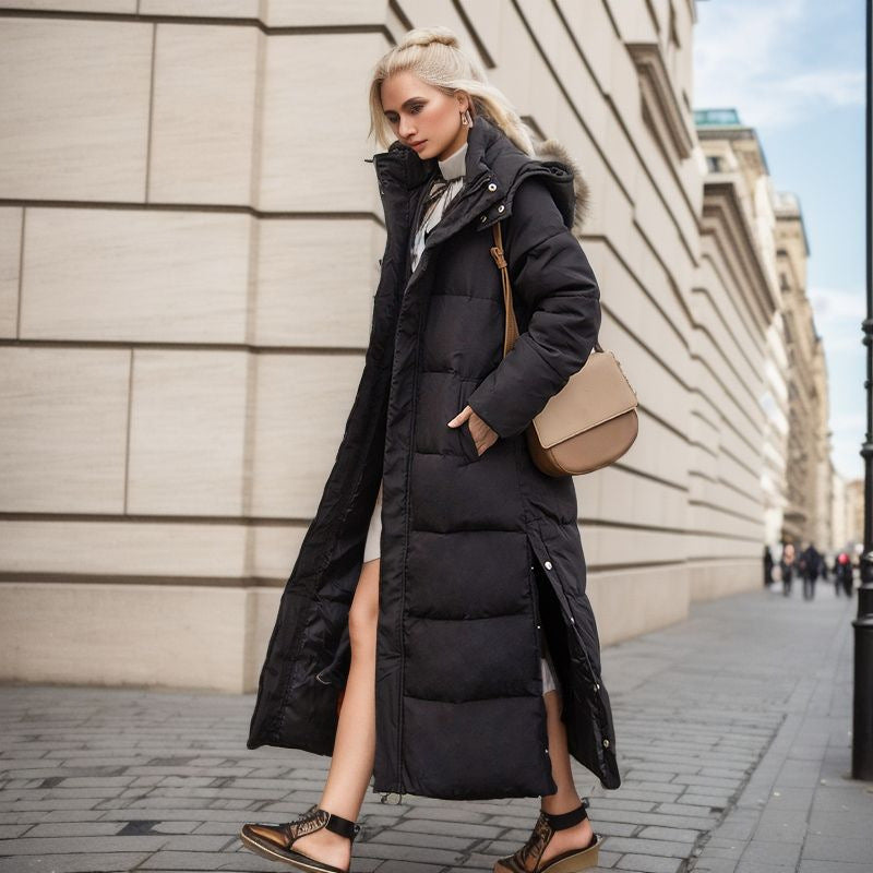 Quilted Long Puffer Coat for Women - Hooded - Image 3