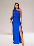 One Shoulder Formal Gown for women - Slit Draped Twist Front Dress - Image 3