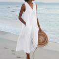 Sleeveless Button Front Midi Dress for women - V-Neck - Tiered Skirt Pocket Relaxed Fit - Image 3