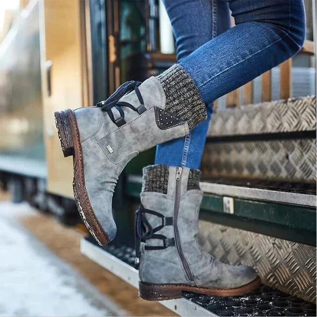 Lace-Up Slouch Boots for Women - Block Heel - Image 4