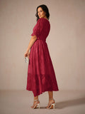 Floral A-Line Midi Dress for women - V-Neck Ruffle Sleeve - Smocked Waist - Sheer - Image 6