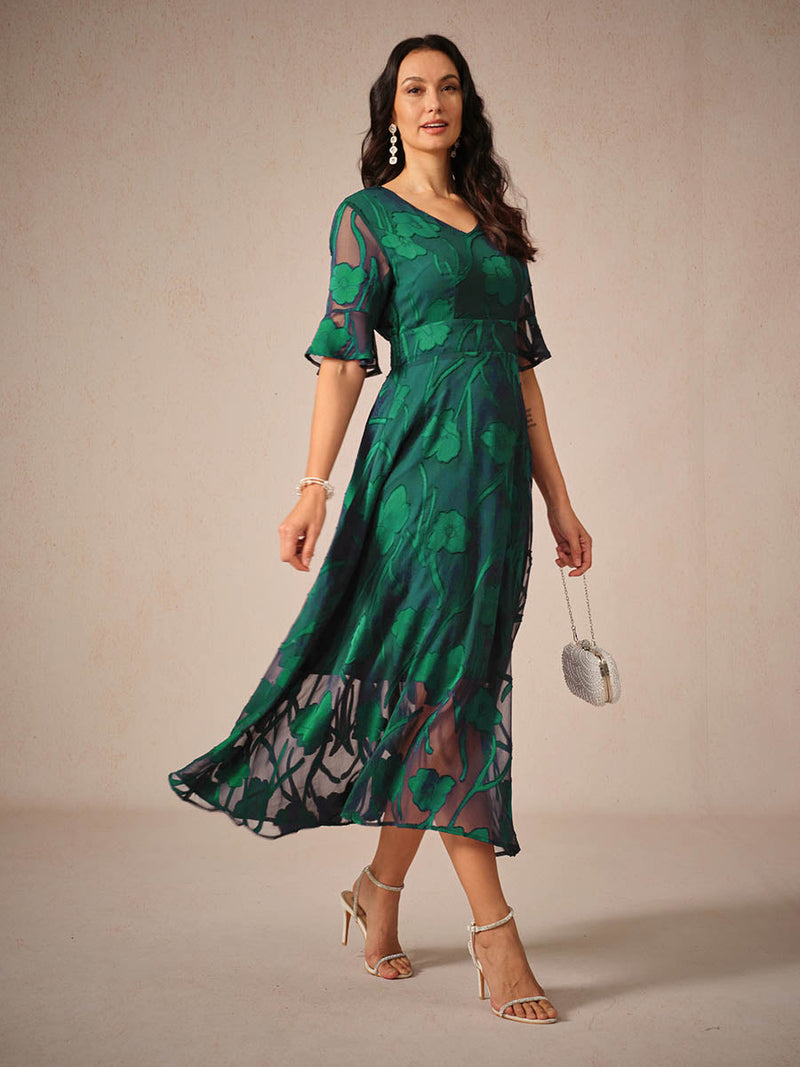 Floral A-Line Midi Dress for women - V-Neck Ruffle Sleeve - Smocked Waist - Sheer - Image 8