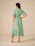 Floral A-Line Midi Dress for women - V-Neck Ruffle Sleeve - Smocked Waist - Sheer - Image 9