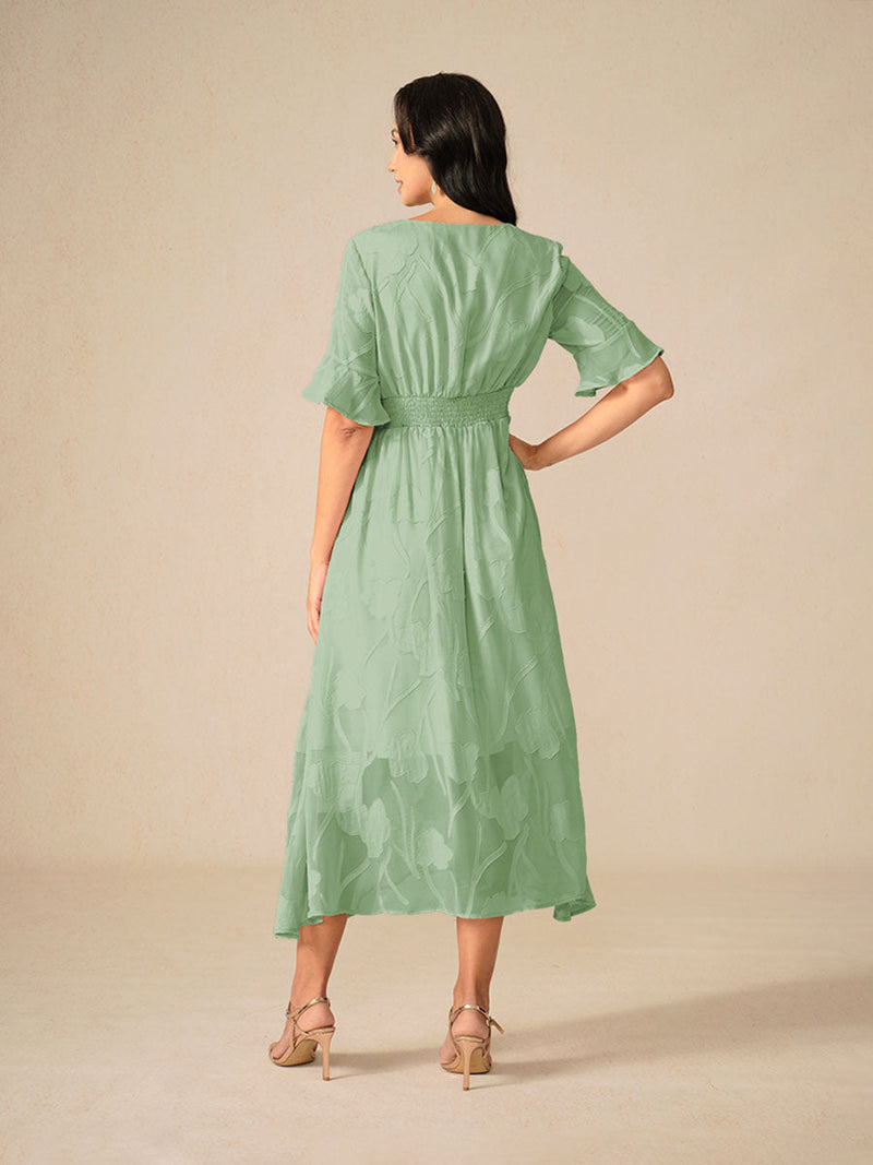 Floral A-Line Midi Dress for women - V-Neck Ruffle Sleeve - Smocked Waist - Sheer - Image 9