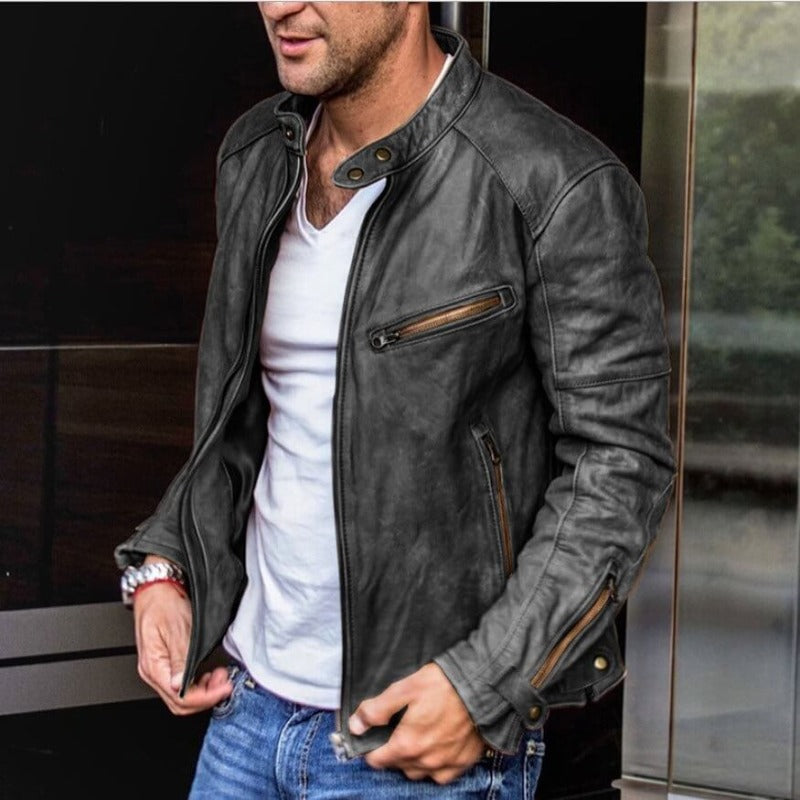 Leather Racer Jacket for Men - Snap Button Closure - Image 2