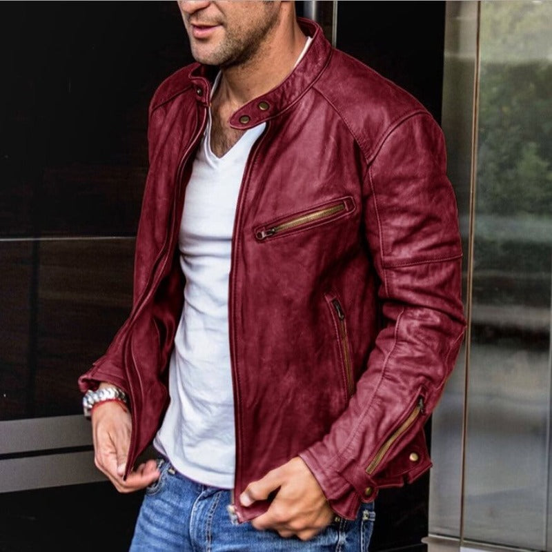 Leather Racer Jacket for Men - Snap Button Closure - Image 4