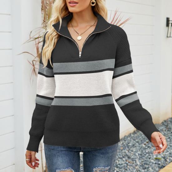 Striped Half-Zip Sweater for Women - Color Block - Image 2