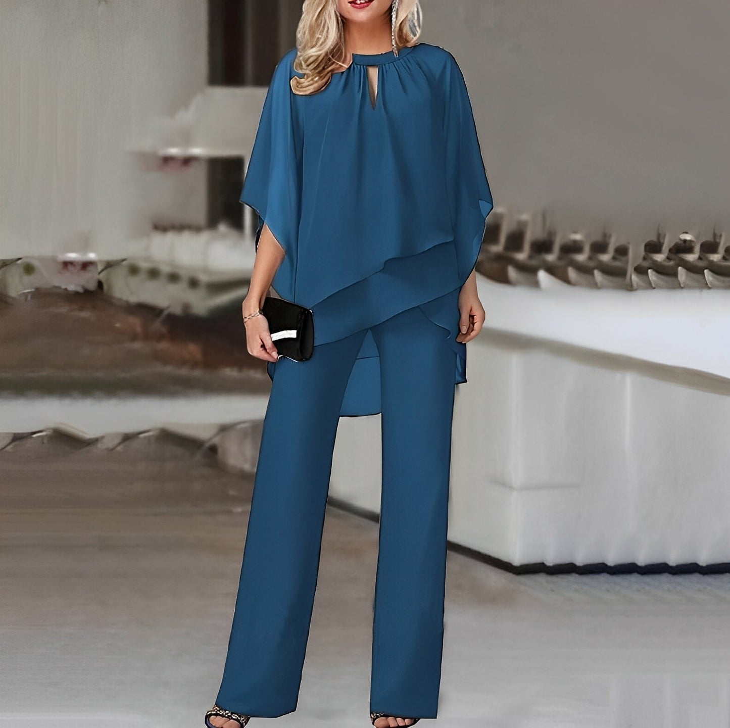 Wide Leg Pant Suit for Women - Overlay Top Keyhole Neck - Image 4