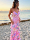 Floral Ruffle Maxi Dress for women - Spaghetti Strap V-Neck - Tiered Beach Bodycon - Image 2