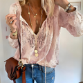 Lace Boho Blouse for women - Long Sleeve V-Neck Tie Neck - Relaxed Fit Ruffled Sleeve - Image 4