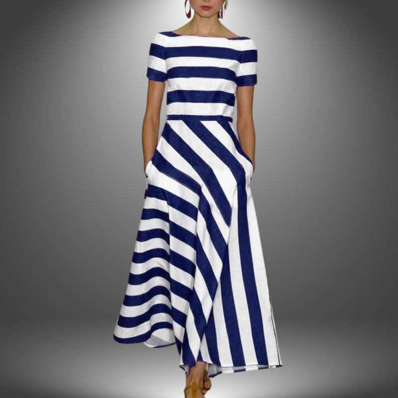 Striped A-Line Midi Dress for Women - Boat Neck Pockets - Image 3