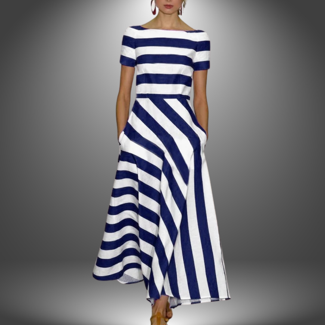 Striped A-Line Midi Dress for Women - Boat Neck Pockets - Image 3