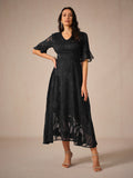 Floral A-Line Midi Dress for women - V-Neck Ruffle Sleeve - Smocked Waist - Sheer - Image 1