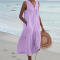 Sleeveless Button Front Midi Dress for women - V-Neck - Tiered Skirt Pocket Relaxed Fit - Image 7