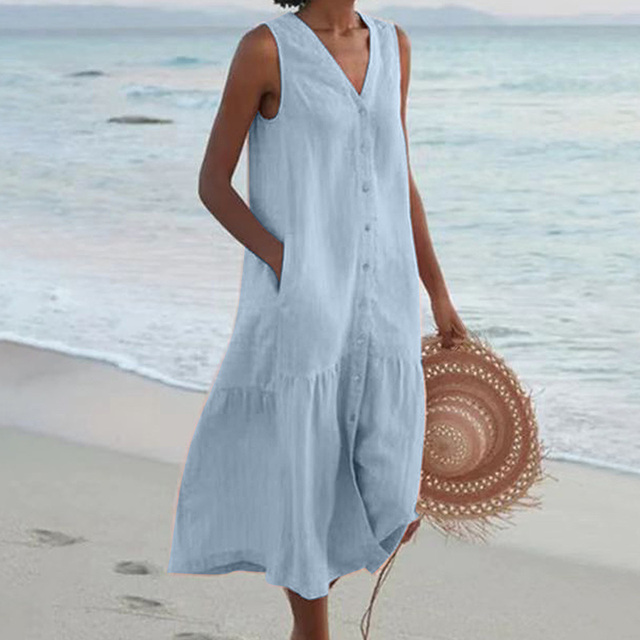 Sleeveless Button Front Midi Dress for women - V-Neck - Tiered Skirt Pocket Relaxed Fit - Image 2