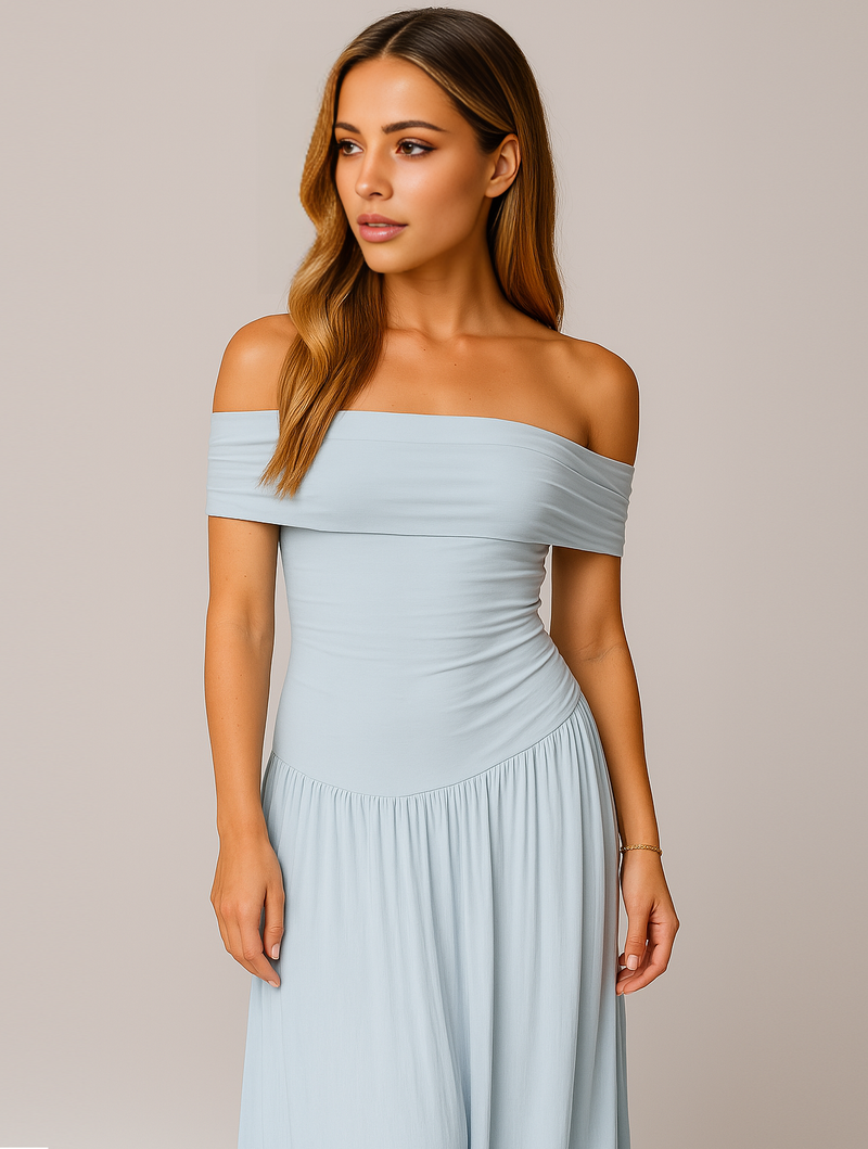 Off-the-Shoulder Pleated Maxi Dress for women - Fitted Bodice Ruched - Floor Length - Image 6