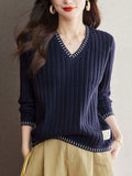 Ribbed V-Neck Sweater for Women - Crew Neck - Image 2