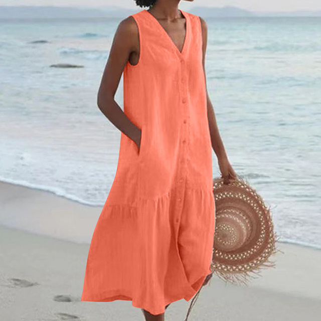 Sleeveless Button Front Midi Dress for women - V-Neck - Tiered Skirt Pocket Relaxed Fit - Image 5