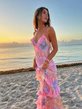 Floral Ruffle Maxi Dress for women - Spaghetti Strap V-Neck - Tiered Beach Bodycon - Image 1