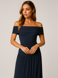 Off-the-Shoulder Pleated Maxi Dress for women - Fitted Bodice Ruched - Floor Length - Image 8