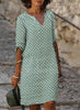 V-Neck Midi Dress for women - 3/4 Sleeve A-Line - Casual Button Front Print - Image 1