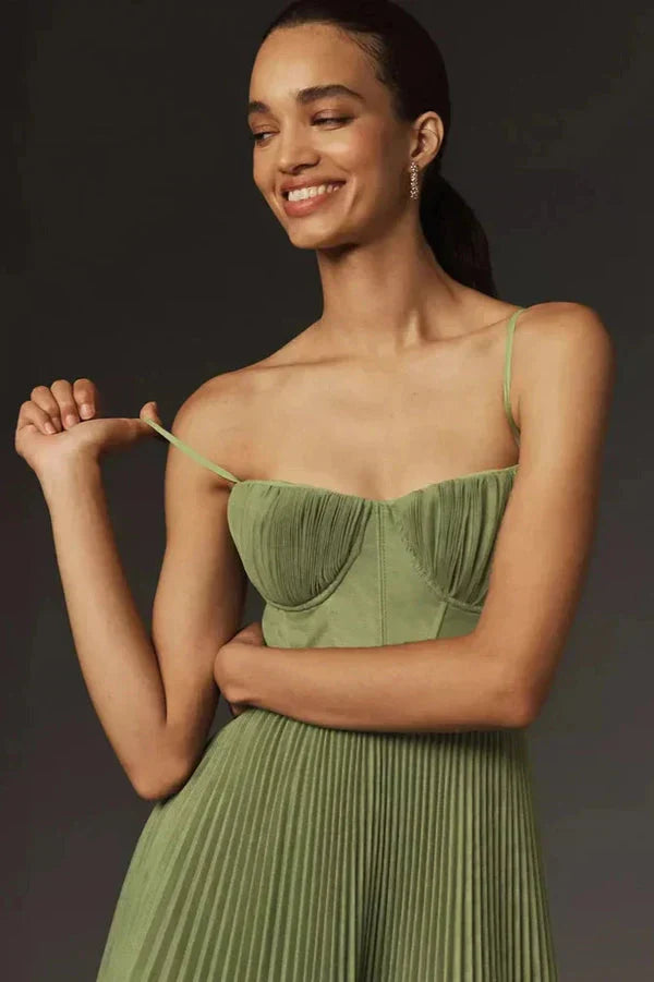 Pleated A-Line Midi Dress for Women - Bustier Top Spaghetti Strap - Image 2