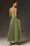 Pleated A-Line Midi Dress for Women - Bustier Top Spaghetti Strap - Image 3