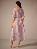 Floral A-Line Midi Dress for women - V-Neck Ruffle Sleeve - Smocked Waist - Sheer - Image 4