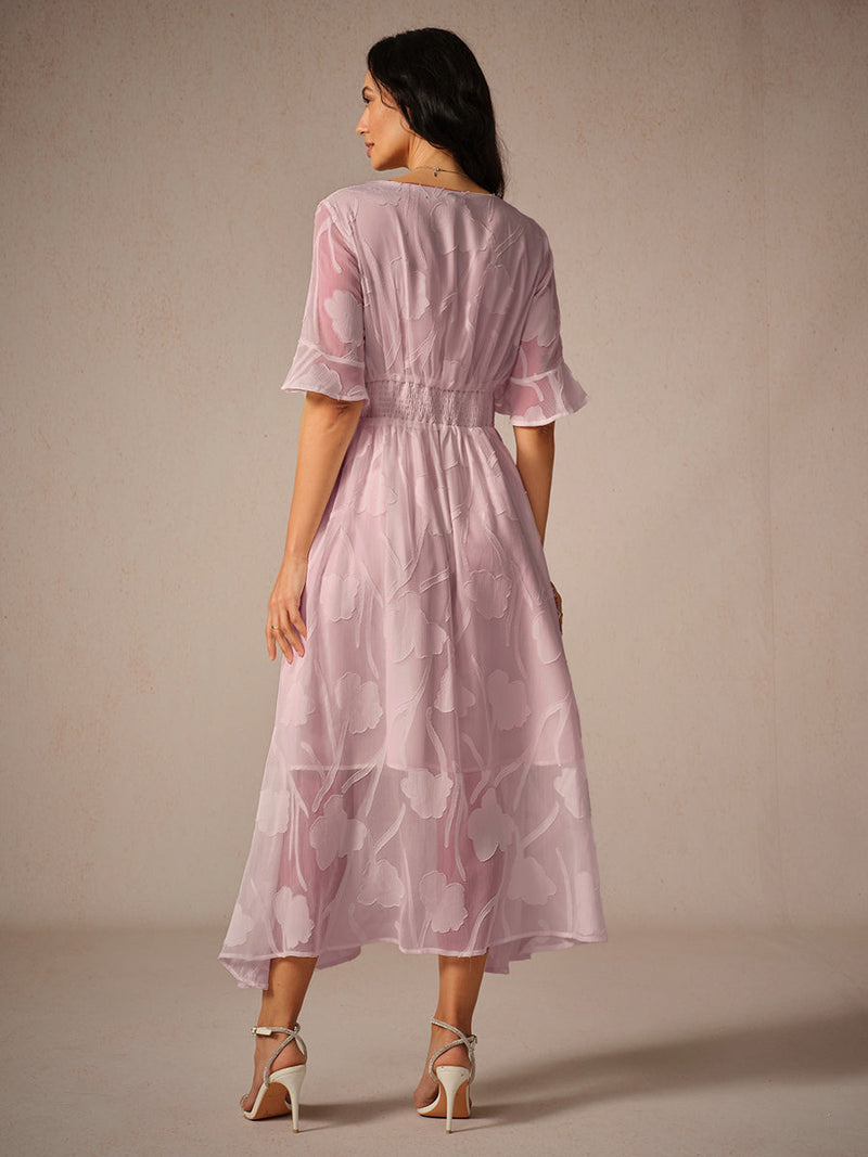 Floral A-Line Midi Dress for women - V-Neck Ruffle Sleeve - Smocked Waist - Sheer - Image 4