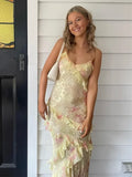 Floral Ruffle Maxi Dress for women - Spaghetti Strap V-Neck - Tiered Beach Bodycon - Image 4