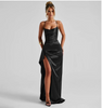 Spaghetti Strap Maxi Dress for women - High Slit Cowl Neck - Fitted Ruched Draped - Image 1