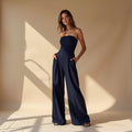 Strapless Wide Leg Jumpsuit for Women - High Waisted Pockets - Image 1