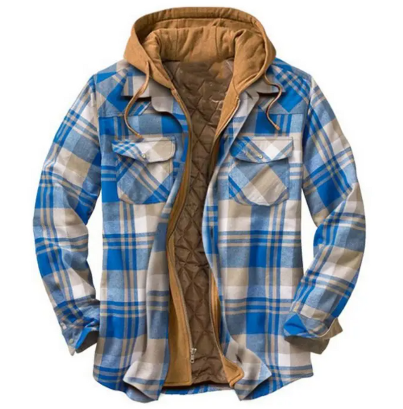 Checkered Hooded Coat for Men – Cotton-Padded, Loose Fit