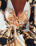 Maxi Dress for women - Long Sleeve Wrap Dress - V-Neck Thigh High Slit - Belted Boho Print - Image 9