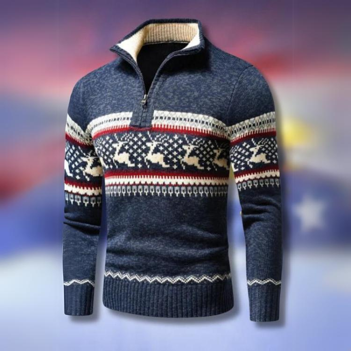 Quarter-Zip Fair Isle Sweater for Men - Stand Collar - Image 2