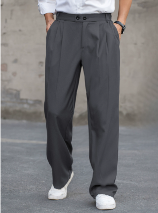 Wide Leg Pleated Dress Pants for Men - High Waisted Double Button - Image 3