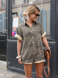 Animal Print Button-Up Romper for Women - Collared Cuffed Sleeve - Image 1