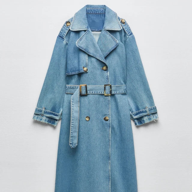 Denim Trench Coat for Women - Double-Breasted - Image 4