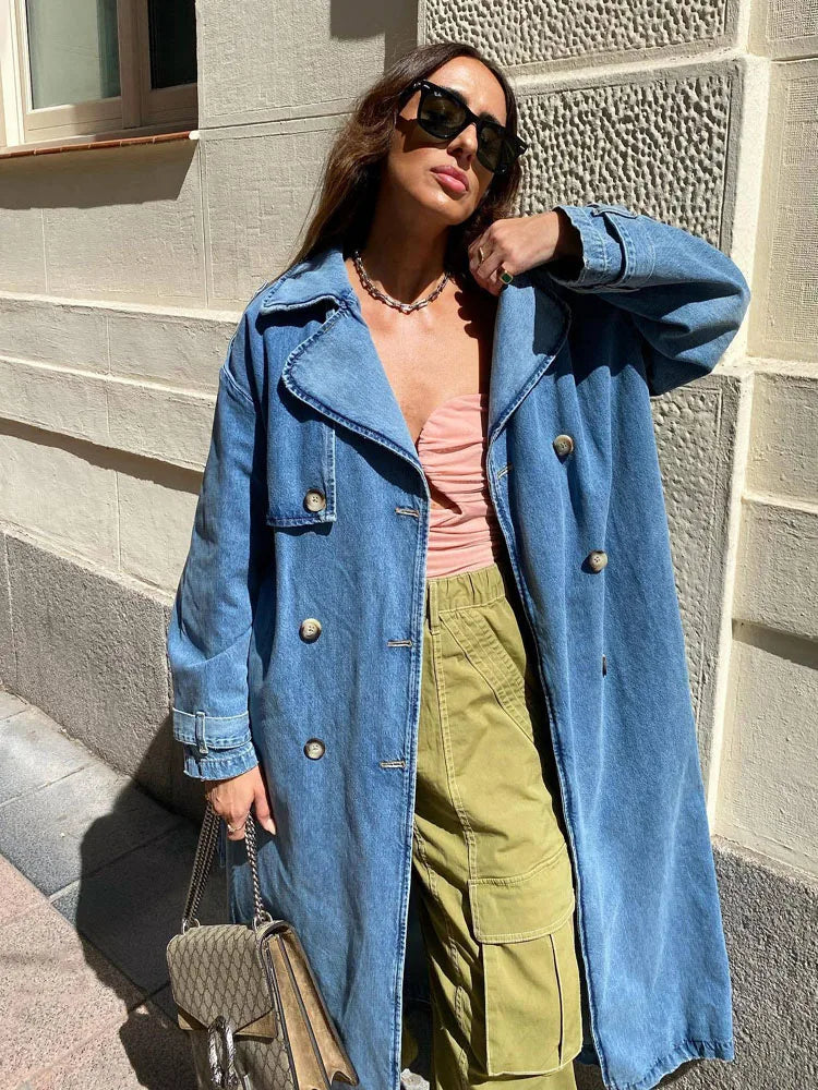 Denim Trench Coat for Women - Double-Breasted - Image 2