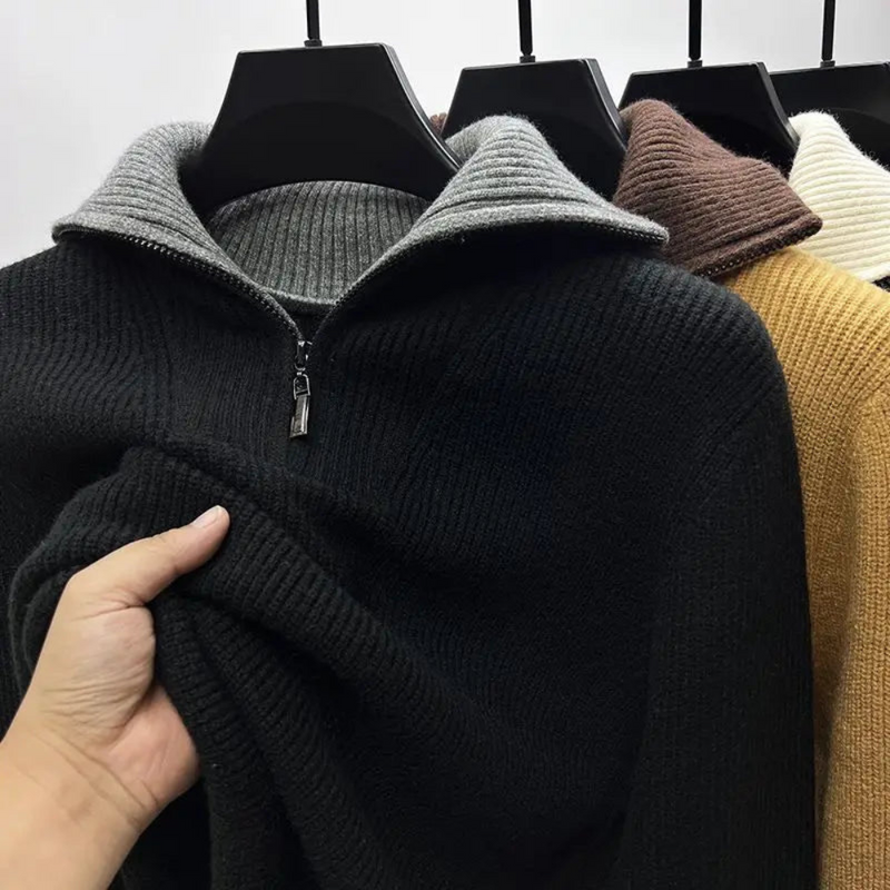 Ribbed Knit Quarter-Zip Sweater for Men - Color Block - Image 4