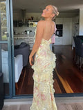Floral Ruffle Maxi Dress for women - Spaghetti Strap V-Neck - Tiered Beach Bodycon - Image 6