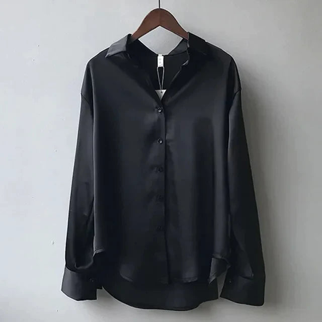 Button-Up Shirt for women - Collared Long Sleeve - Relaxed Fit Cuffed Sleeves - Standard Collar - Image 4