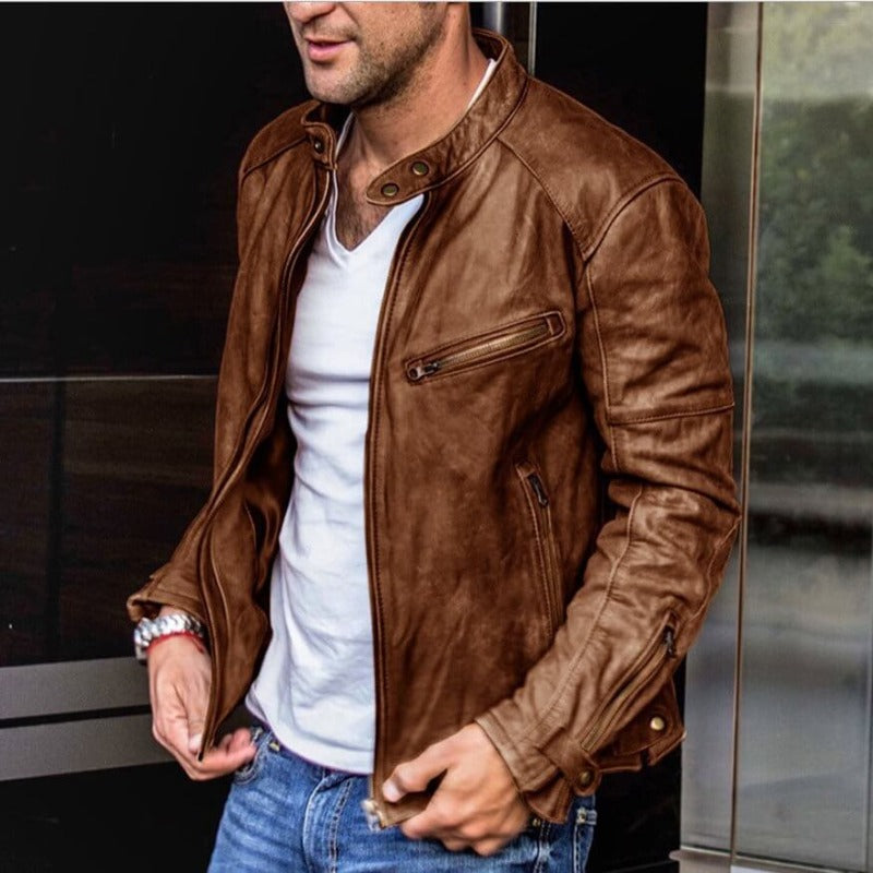 Leather Racer Jacket for Men - Snap Button Closure - Image 3