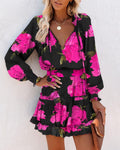 Floral Long Sleeve Mini Dress for women - Ruffle Hem - Smocked Waist Tiered - V-Neck Tie Neck - Image 2