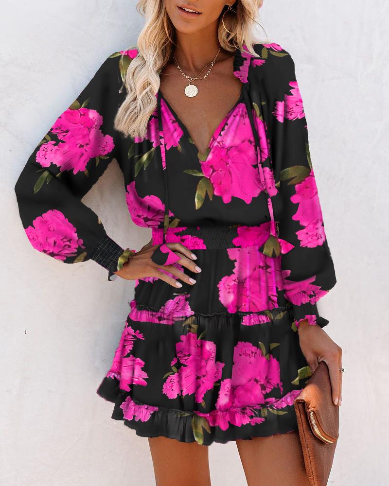 Floral Long Sleeve Mini Dress for women - Ruffle Hem - Smocked Waist Tiered - V-Neck Tie Neck - Image 2