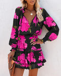 Floral Long Sleeve Mini Dress for women - Ruffle Hem - Smocked Waist Tiered - V-Neck Tie Neck - Image 1