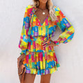 Floral Long Sleeve Mini Dress for women - Ruffle Hem - Smocked Waist Tiered - V-Neck Tie Neck - Image 8
